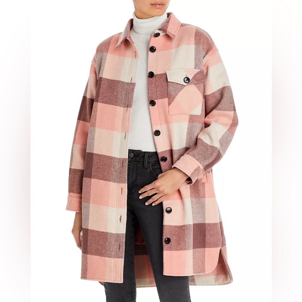 MONROW Pink Plaid Wool-Blend Long Shacket Size S